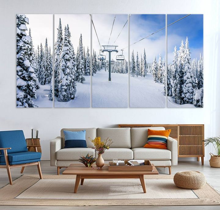 Winter Ski Lift Landscape Wall Art | Snowy Mountain Adventure | Framed and Ready to Hang | Perfect for Cabin Wall Art, Farmhouse Decor