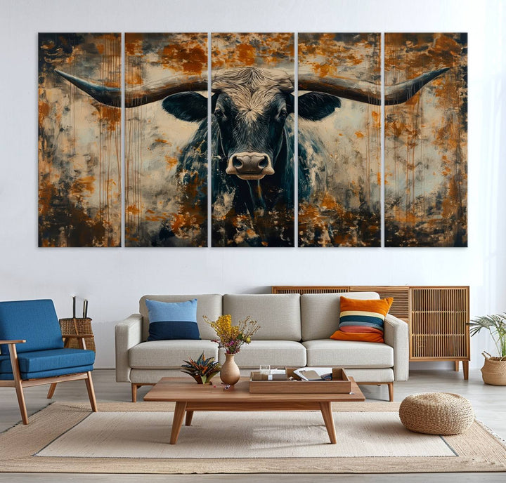 Abstract Longhorn Bull Wall Art | Rustic Western Wall Decor | Framed and Ready to Hang | Ideal for Farmhouse, Lodge, and Barn Decor