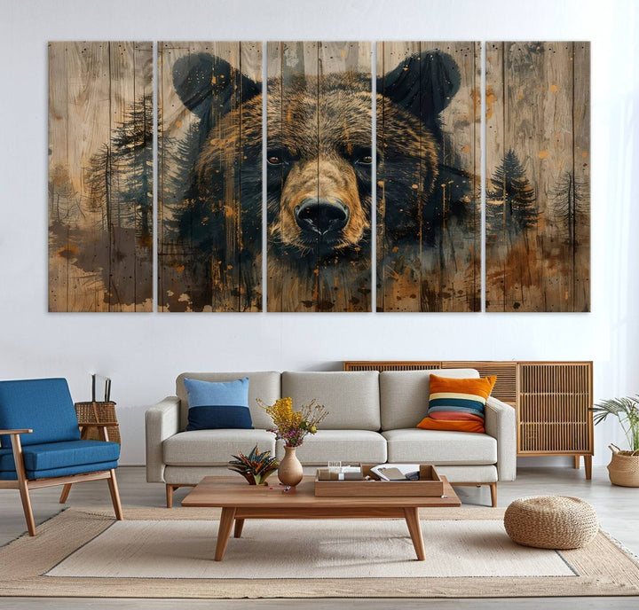 The Abstract 399 Bear Wall Art, featuring a rustic cabin theme with forest design, is framed and ready to hang. It's ideal for lodge, cabin, and barn decor and perfectly complements the nature lover's aesthetic.