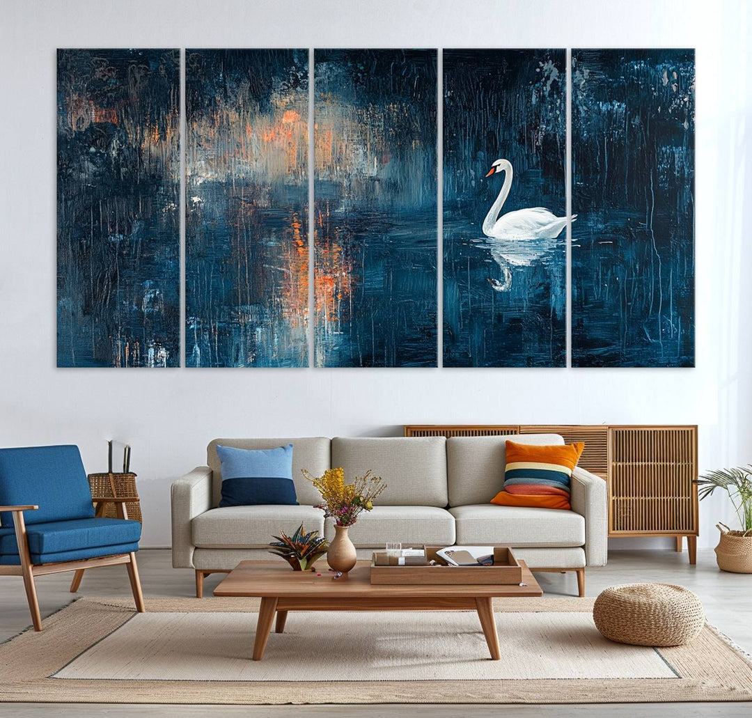 Abstract Swan Wall Art | Moody Blue and Orange Swan Painting on Canvas | Framed and Ready to Hang | Elegant and Modern Art for Living Room or Bedroom Decor