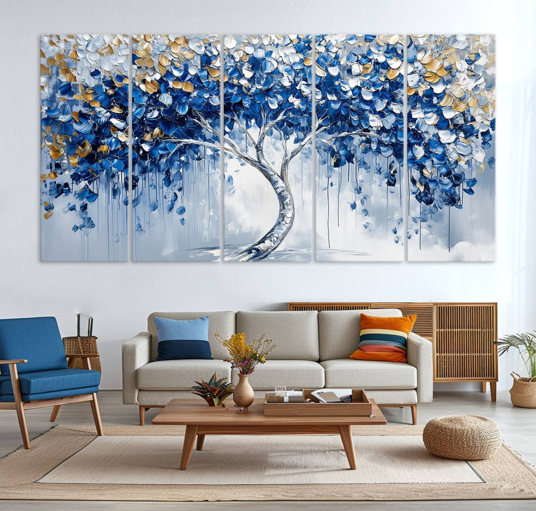 Elegant Blue and Gold Abstract Tree Wall Art | Textured Modern Tree of Life Painting | Framed Canvas Print | Ready to Hang for Dining Room Decor