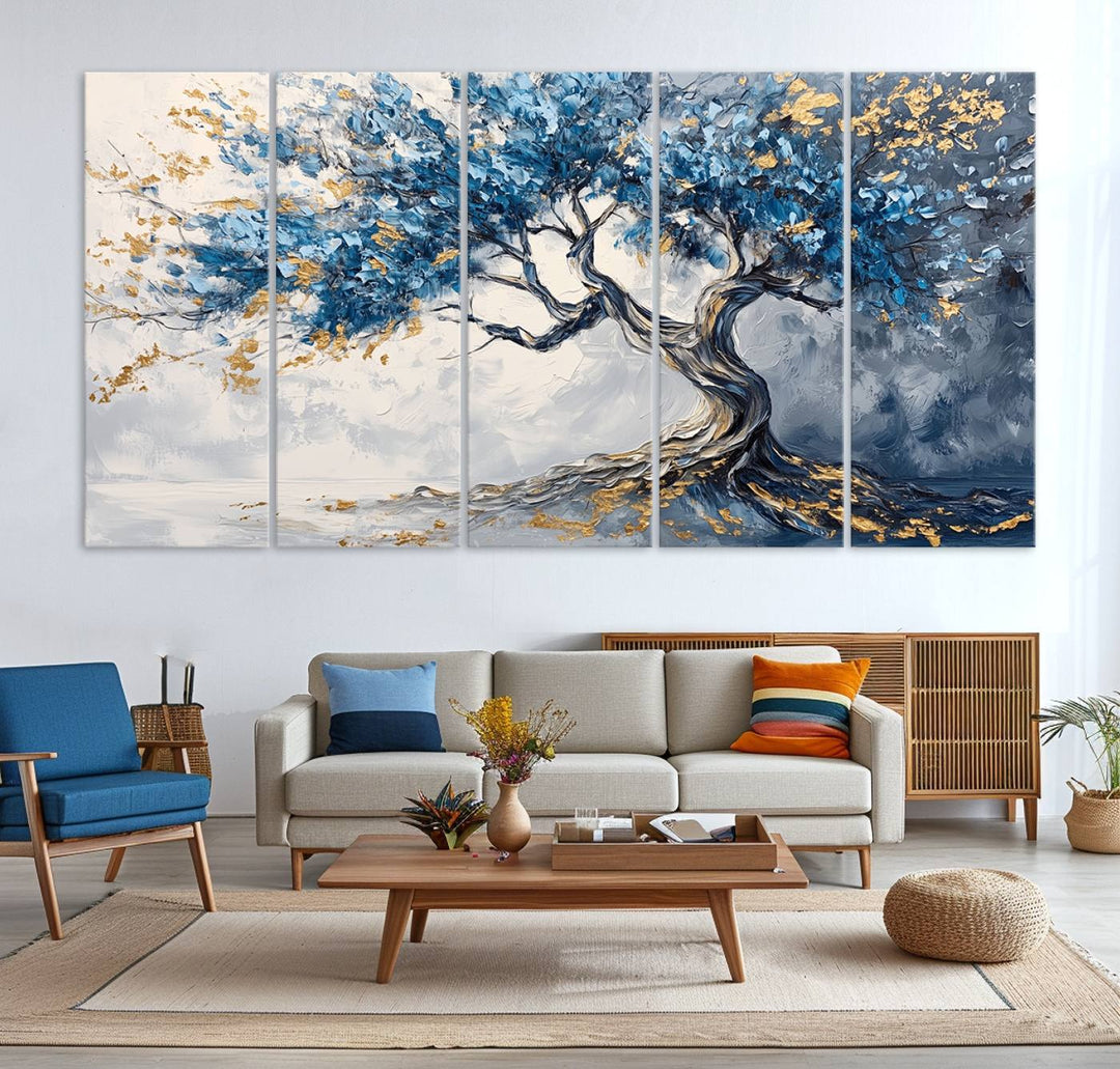 Elegant Abstract Tree Canvas Wall Art | Tree of Life Painting | Textured Art in Blue and Gold | Framed & Ready to Hang for Modern Living Room Decor