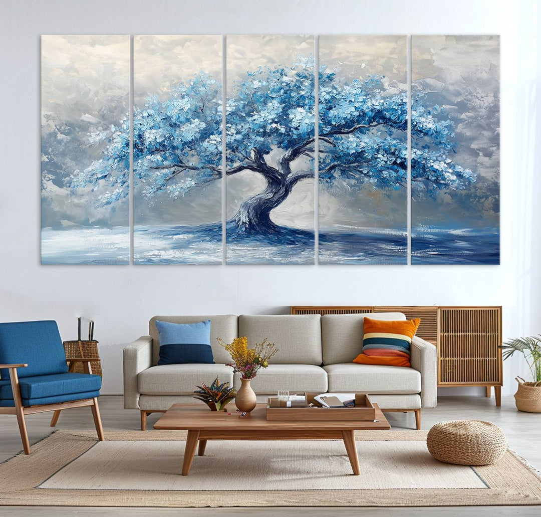 Serene Abstract Blue Tree Wall Art | Canvas Print of a Majestic Tree in Blue Hues | Perfect for Farmhouse, Coastal, and Modern Decor