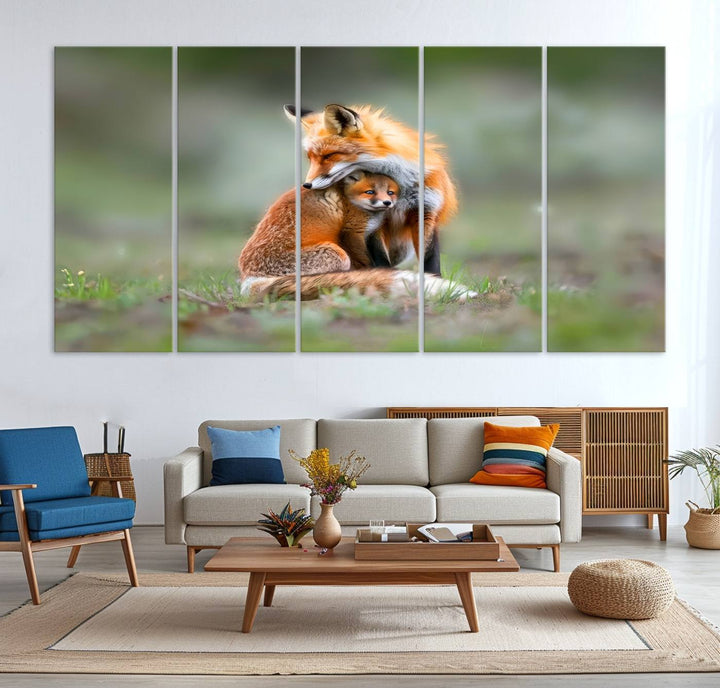 Heartwarming Fox and Baby Cub Wall Art | Ready to Hang Canvas Print of Foxes in Nature | Perfect for Animal Lovers, Rustic Decor, and Cabin Wall Art