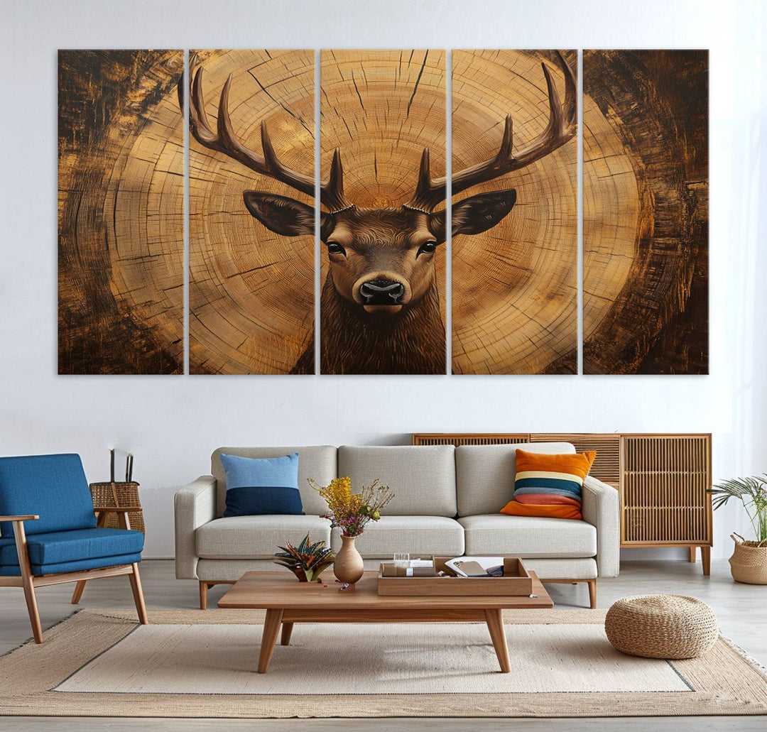 Deer Wall Art Canvas Print | Ready to Hang Canvas Print of a Stag with Rustic Tree Rings | Perfect for Farmhouse Wall Decor, Cabin Wall Art