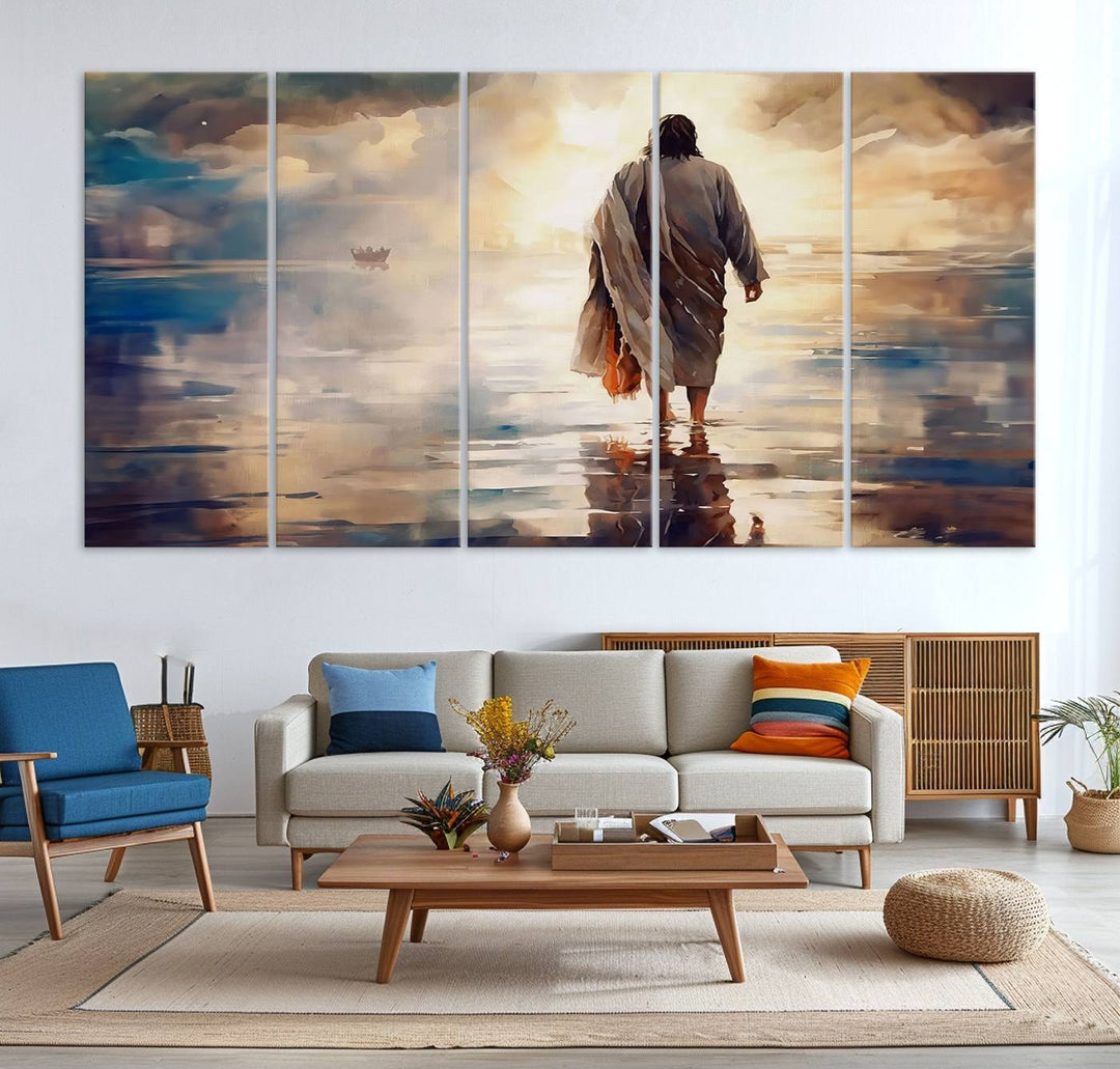 Jesus Walking on Water Wall Art | Ready to Hang Spiritual Triptych Canvas Print | Inspirational Christian Decor for Home or Church