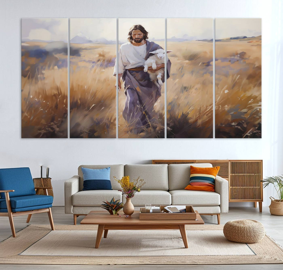 Jesus the Good Shepherd Wall Art Canvas Print - Lost Lamb  Print for Prayer Room Decor