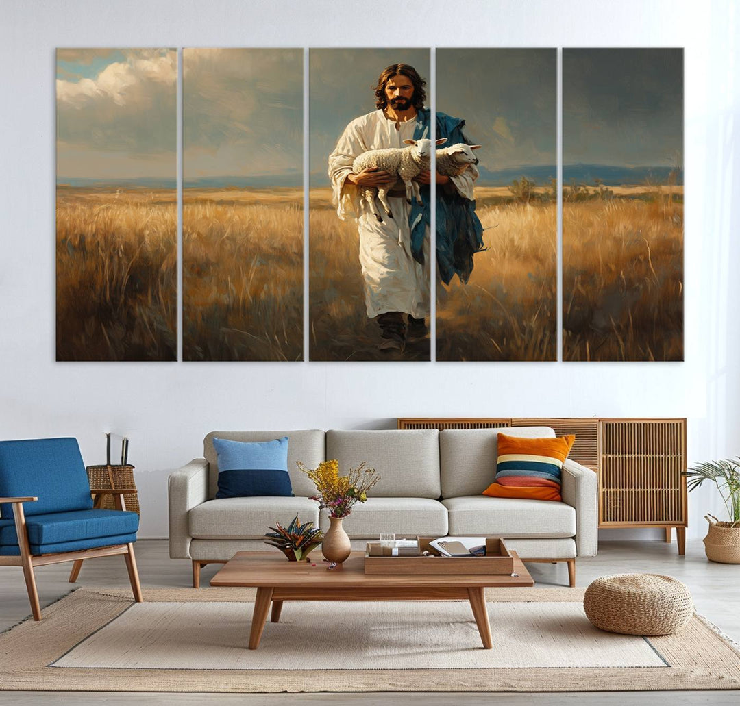 Jesus Shepherd Wall Art | Ready to Hang Triptych Canvas of Jesus Holding a Lamb in a Field | Inspirational Christian Decor for Home