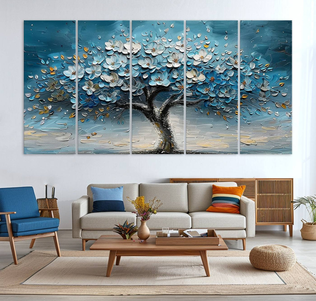 Abstract Blooming Tree Wall Art Print features blue, white, and gold textures on museum-quality canvas, perfect for modern decor.