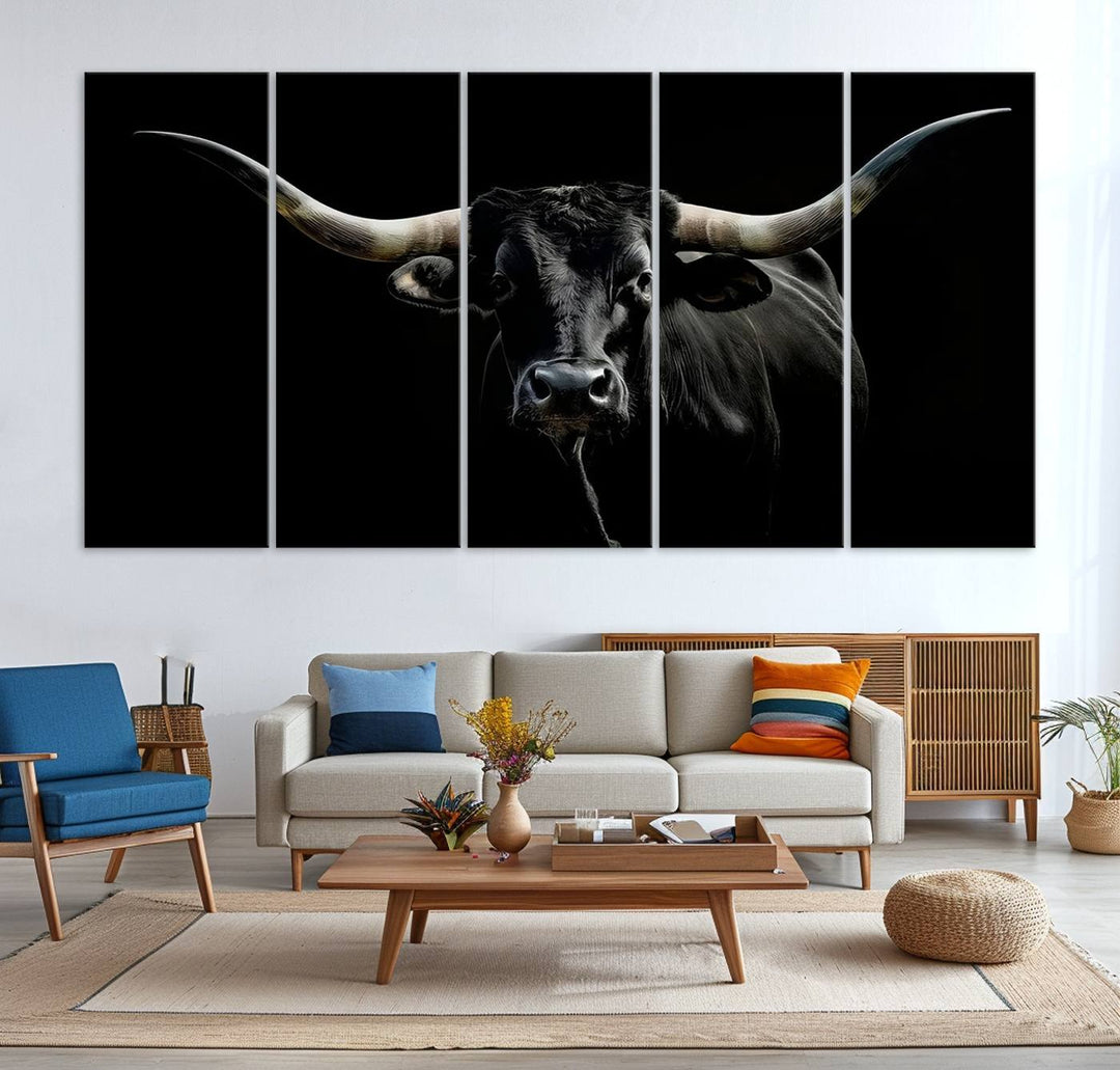 Texas Black Longhorn Bull Wall Art Canvas Print - Western Texas Cattle Rustic Decor Print - Longhorn Cow Wall Art