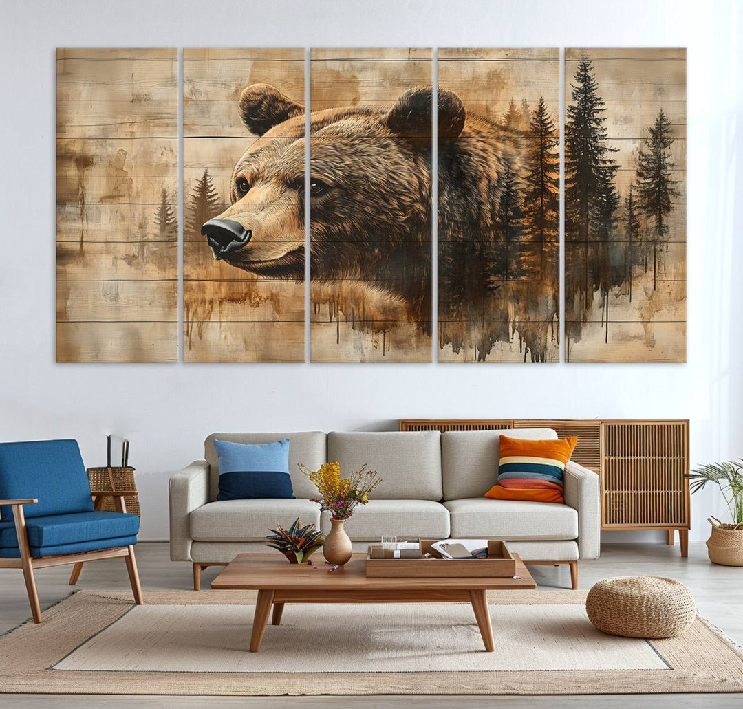 Abstract Rustic Grizzly Bear Wall Art Canvas Print - Woodland Wildlife Forest Print for Farmhouse Decor