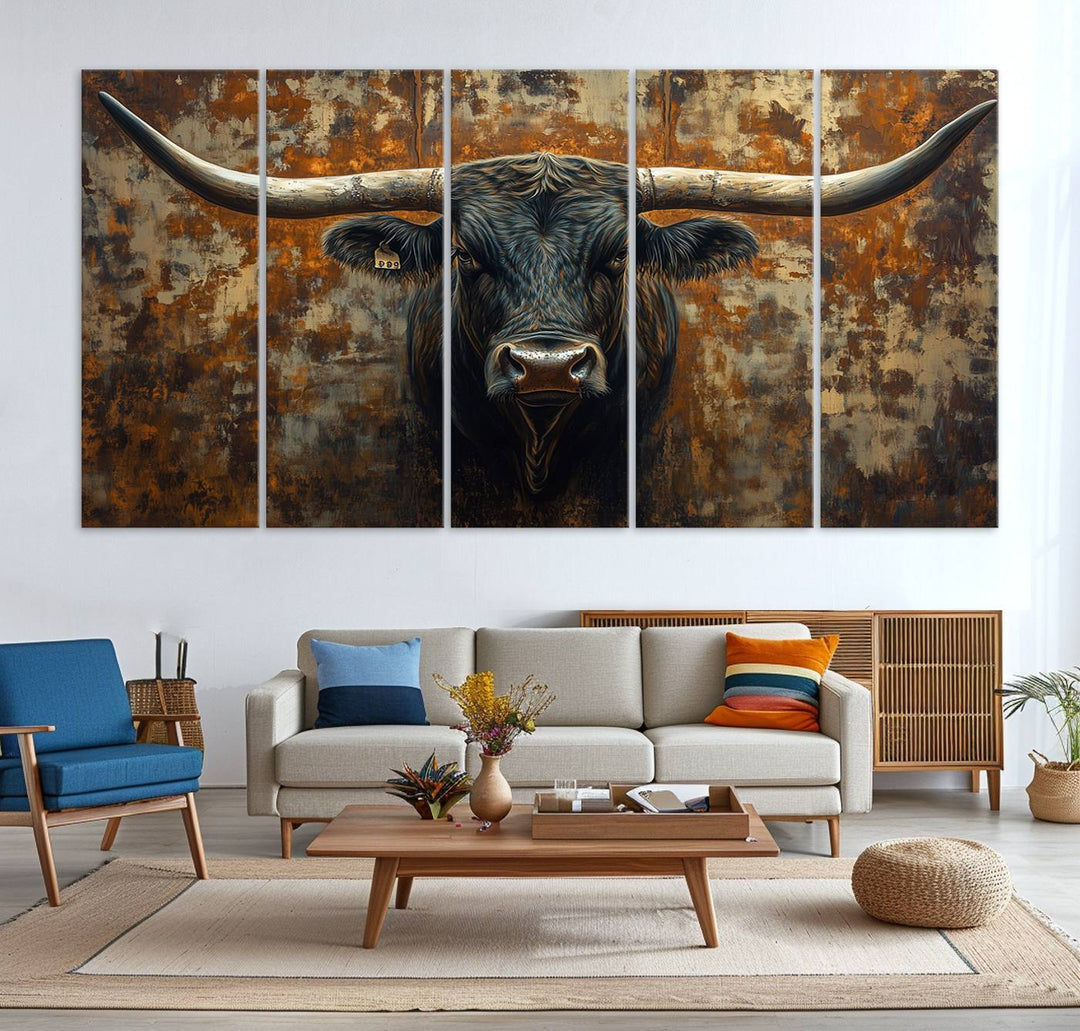 Abstract Longhorn Texas Bull Wall Art | Rustic Farmhouse Canvas Print | Ready to Hang Barn Decor for Farmhouse and Cabin Style