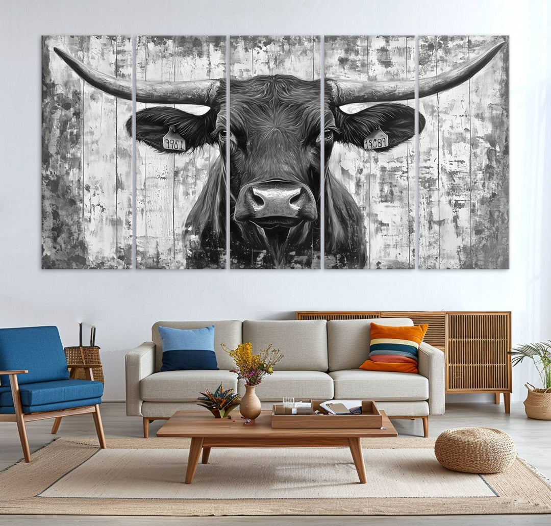 Abstract Longhorn Bull Wall Art Canvas Print - Rustic Texas Western Cow Artwork