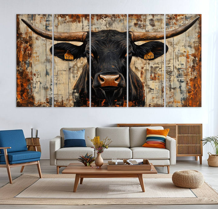 Abstract Cow Longhorn Bull Wall Art Canvas Print - Rustic Texas Western Cattle Artwork