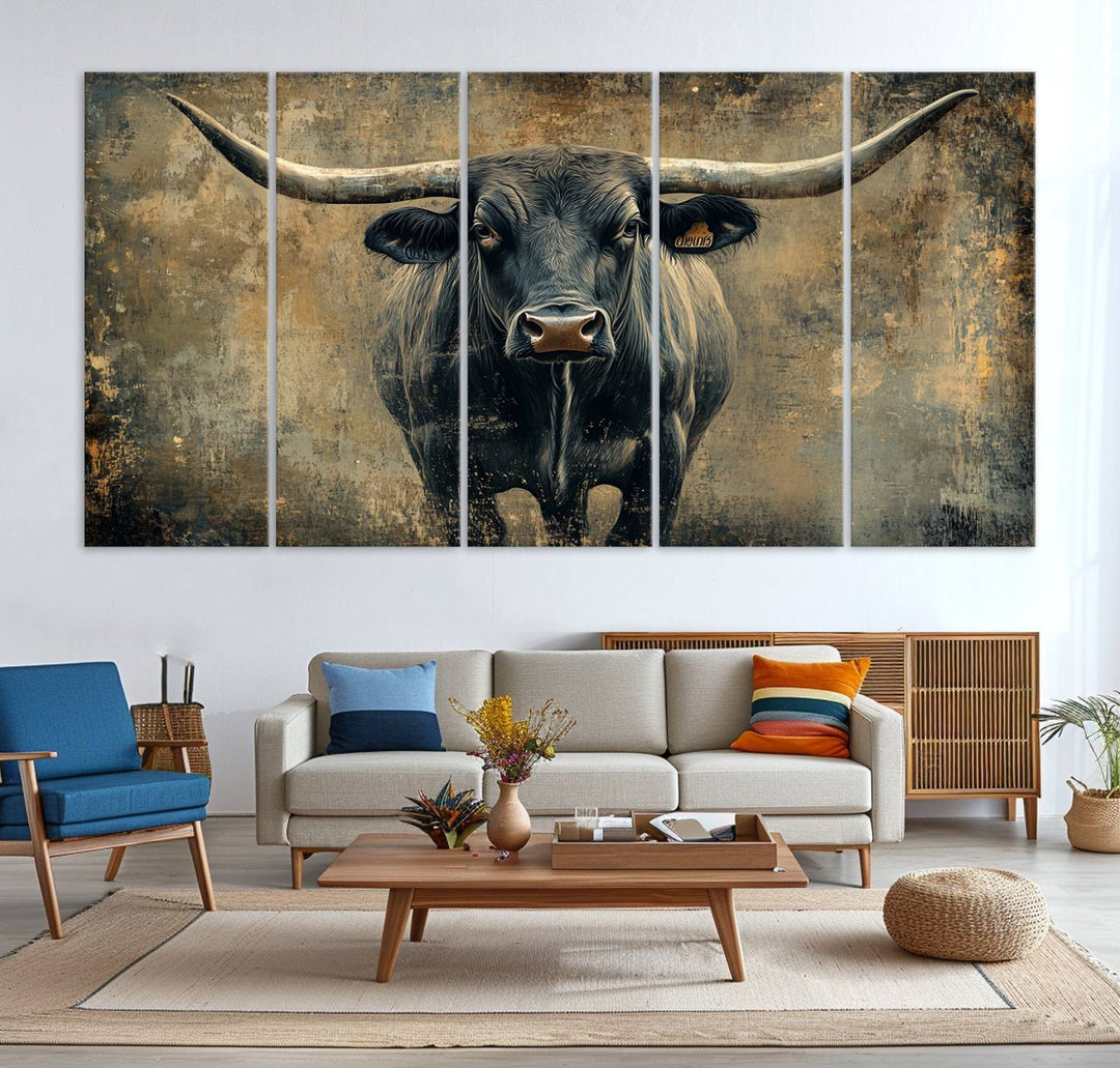 Abstract Cow Longhorn Bull Wall Art Canvas Print - Rustic Texas Western Cattle Artwork