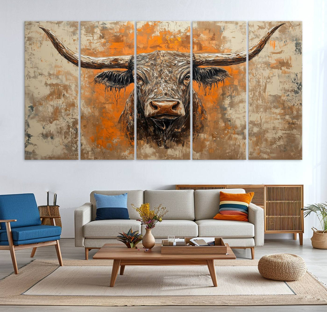 Abstract Cow Longhorn Bull Wall Art Canvas Print - Rustic Texas Western Cattle Artwork