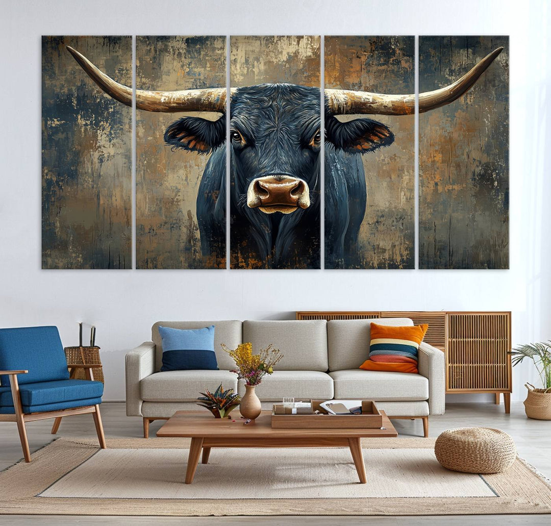 Abstract Cow Longhorn Bull Wall Art Canvas Print - Rustic Texas Western Cattle Artwork