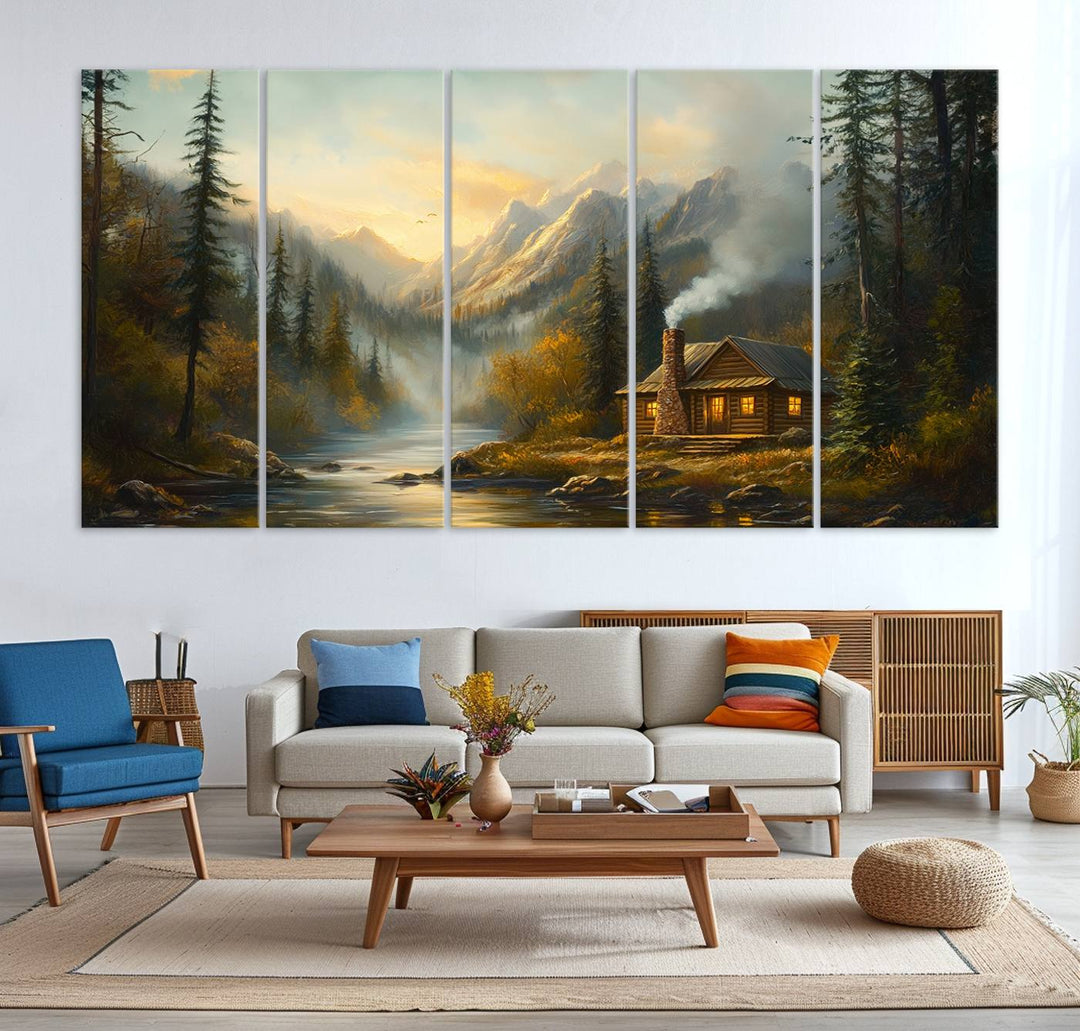 Wood Cabin Retreat Mountain at Sunset Wall Art Print - Serene Forest and River Landscape Wall Art Canvas Print