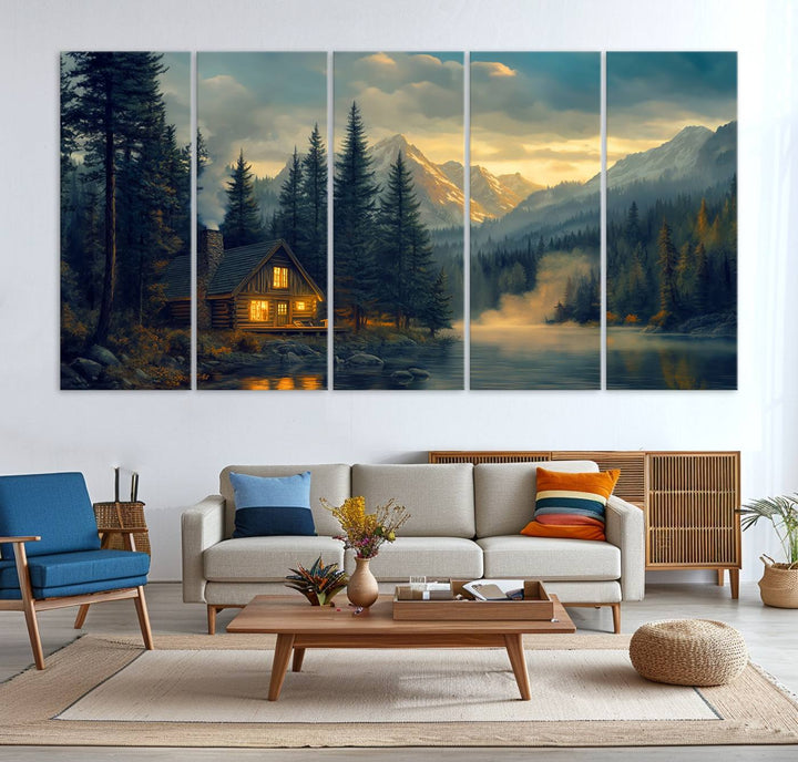 Mountain Cabin by the Lake at Sunset Wall Art - Serene Nature Canvas Print for Living Room Decor, Rustic Lodge Ambiance, 3-Panel Large Wall Art