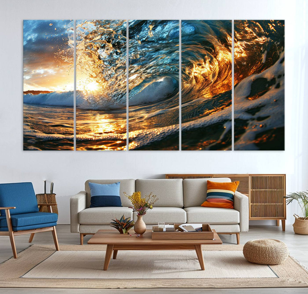 Ocean Wave at Sunset Wall Art | Ready to Hang Triptych Canvas Print | Coastal Wall Art for Living Room | Nautical and Beach House Decor