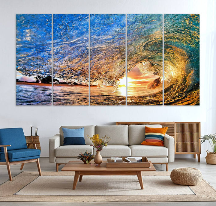 Ocean Wave at Sunset Canvas Print | Large Coastal Ocean Wall Art Print | Vibrant Beach Waves Art Print | Surf Lover Gift | Nautical Decor