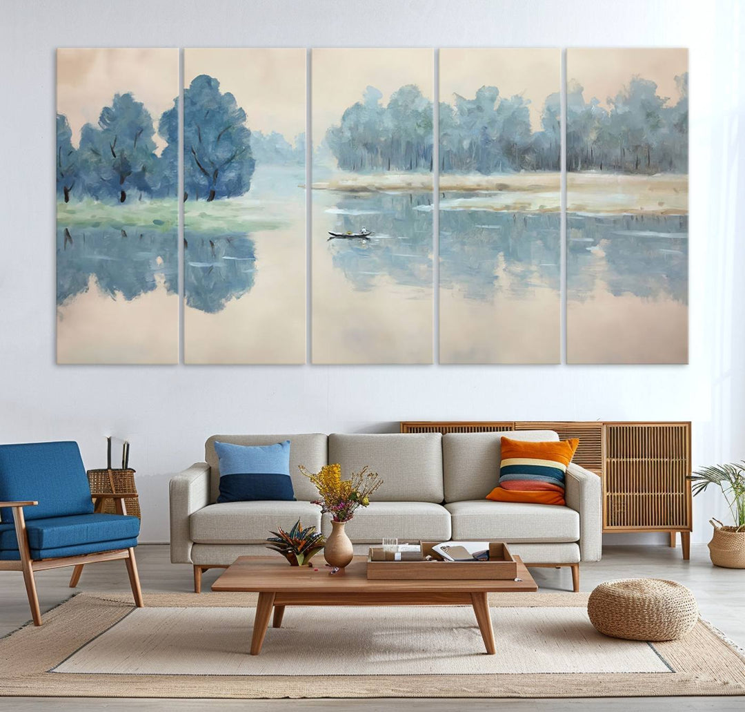 Landscape Printing Lake and Boat Scene | Serene Landscape Wall Art for Nature Lovers | Ready to Hang Triptych Canvas Print | Peaceful Blue Trees and Water Reflection Decor