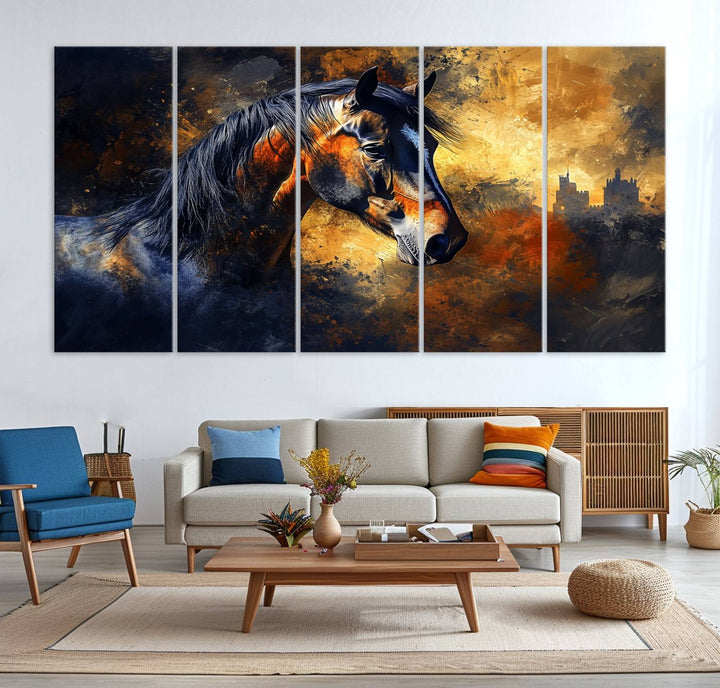 Abstract Horse Art Print on canvas, featuring a colorful background, perfect for rustic farmhouse or equestrian decor.