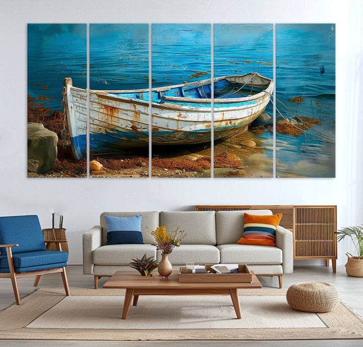 Vintage boat on tranquil waters—rustic triptych canvas print ideal for nautical or coastal wall art.