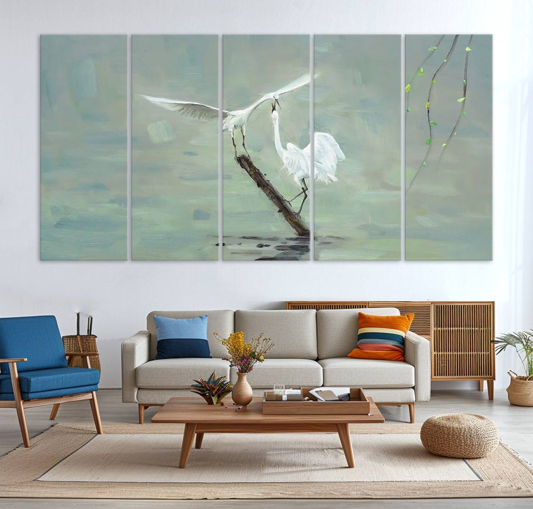 Elegant White Herons on Calm Waters | Coastal Wall Art for Nature-Inspired Decor | Serene Triptych Canvas Print | Ready to Hang Bird-Themed Art for Home Decor