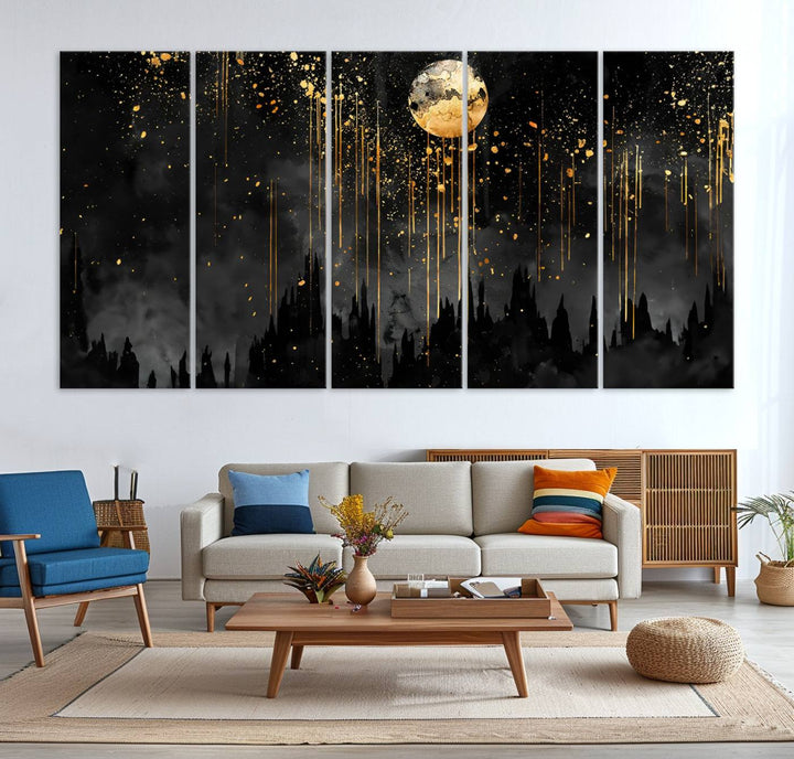 Gold Moon and Black Skyline Abstract Wall Art | Dark Modern Canvas Print with Dripping Gold Accents | Triptych Contemporary Homes