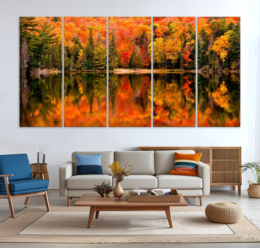 Autumn Forest Reflection Wall Art | Triptych Canvas Print | Vibrant Fall Foliage Wall Decor | Nature-Inspired Cabin Wall Art for Living Room