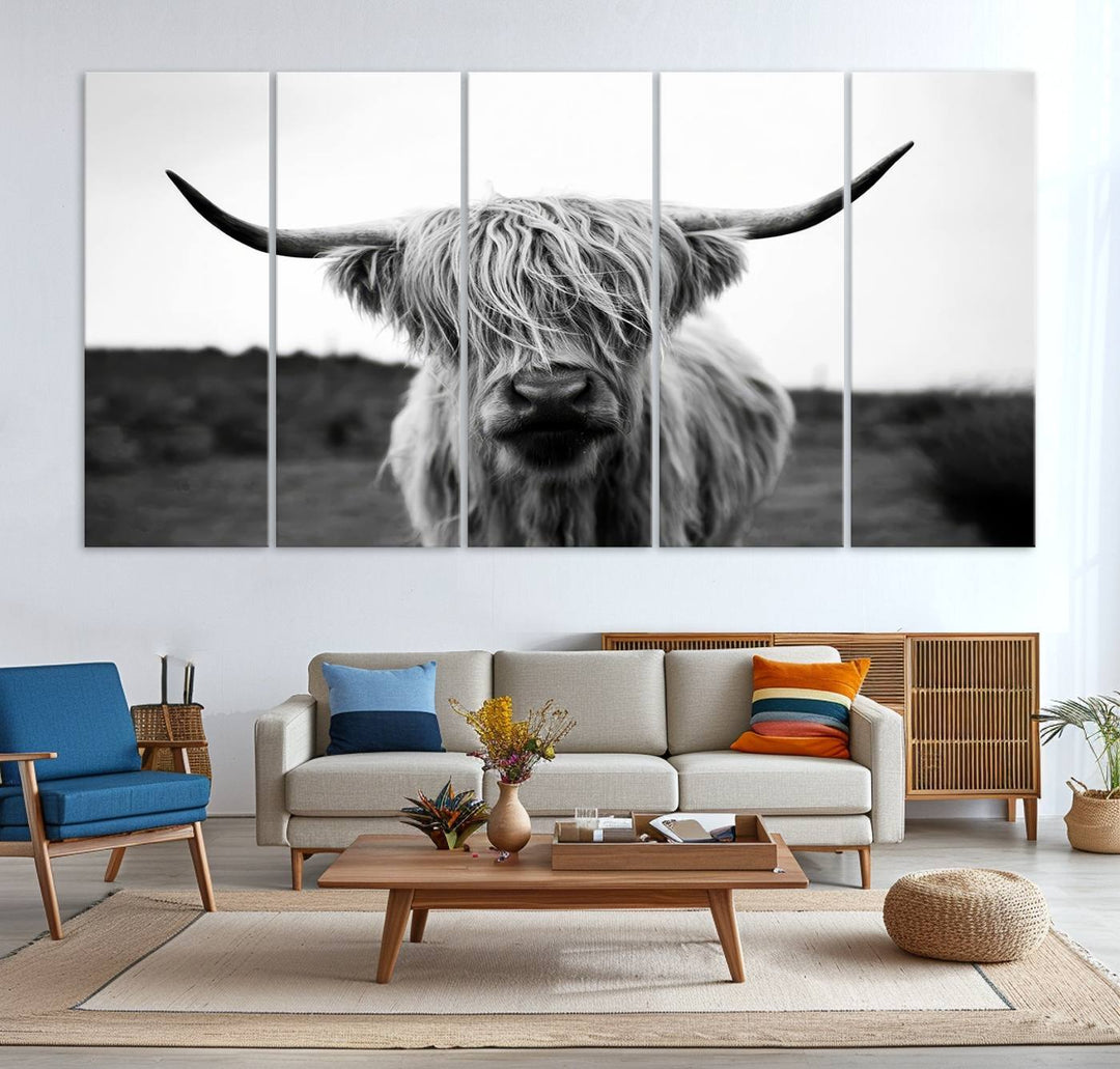 Highland Cow Wall Art | Black and White Farmhouse Decor | Ready to Hang Triptych Canvas Print | Rustic Barn Decor | Scottish Highland Cattle Art Print