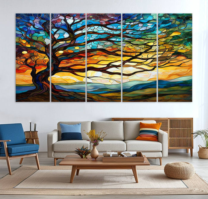 Mosaic Tree Wall Art | Ready to Hang Stained Glass Style Canvas Print | Farmhouse Wall Decor, Cabin Wall Art, and Unique Nature Home Decor