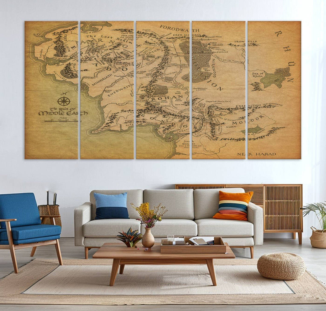 Vintage J.R.R. Tolkien Middle-Earth Map 3 Panel Canvas, perfect as wall art for home or office decor.