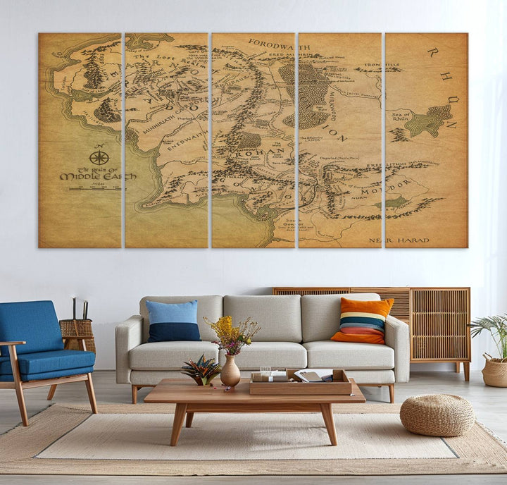 Vintage J.R.R. Tolkien Middle-Earth Map 3 Panel Canvas, perfect as wall art for home or office decor.