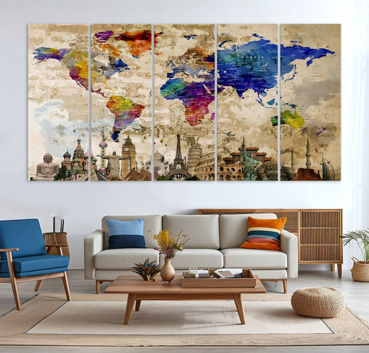 Framed World Map Canvas Print with Landmarks | Multi-Panel Wall Art | Ready to Hang Decor for Living Room, Office | Global Travel Wall Art | Vibrant Landmark Design