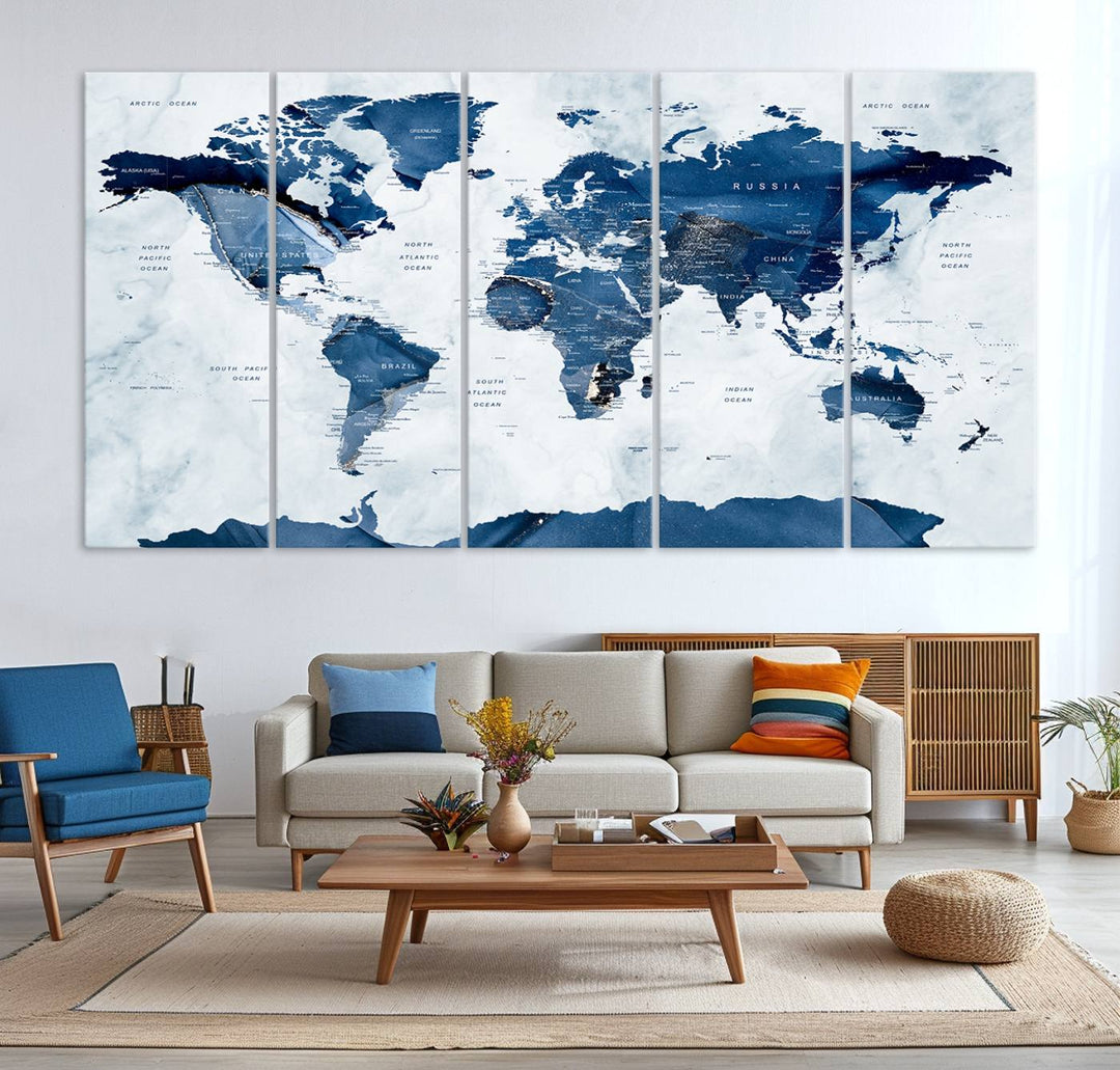 Navy Blue World Map with Antarctica Canvas: A perfect abstract home decor piece featuring a grunge-stained background.