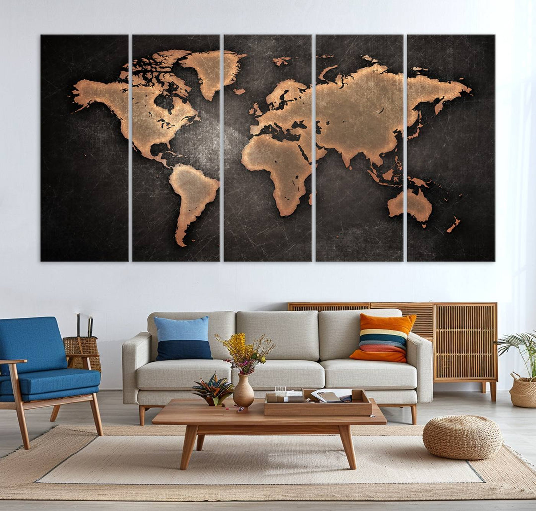 Maroon World Map Wall Art: Copper continents on a grunge-stained canvas, ideal for enhancing your decor.