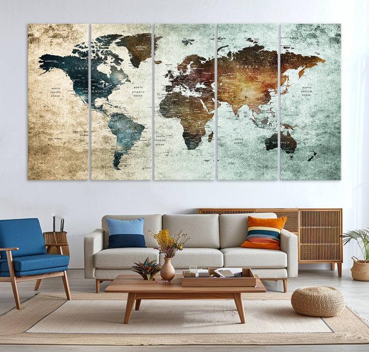 The Push Pin World Map Canvas Print serves as an ideal piece of wall art for travel lovers, showcasing vibrant colors and intricate details.