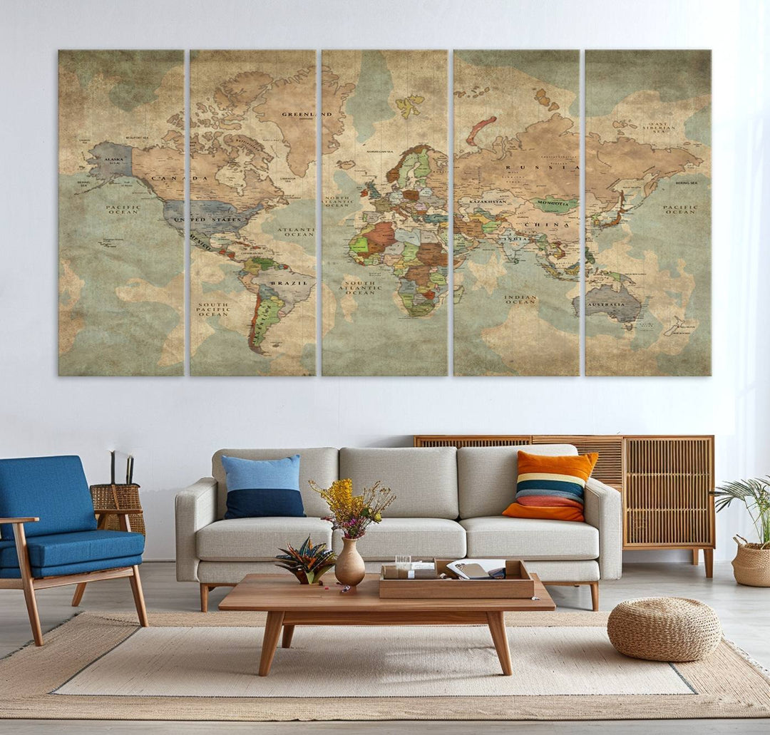 Vintage World Map Canvas Wall Art – Antique Triptych Map Print – Rustic Global Decor for Living Room or Office – Ready to Hang