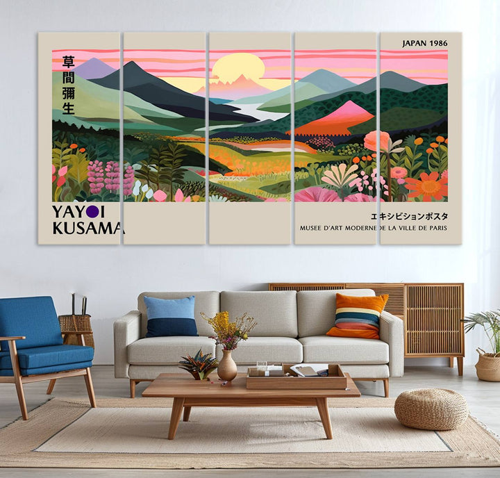 Vibrant abstract landscape canvas with mountains and fields, titled Yayoi Kusama 1986 Wall Art Print.