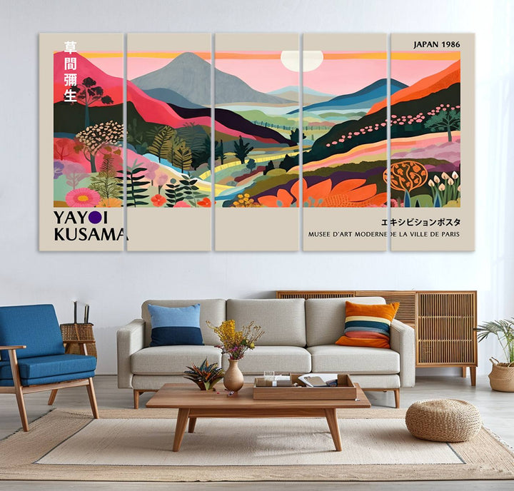 Vibrant abstract landscape canvas inspired by Yayoi Kusama, featuring mountains, trees, and flowers in a triptych style.