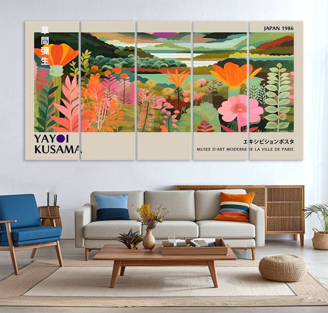 A vibrant 1986 Yayoi Kusama abstract landscape featuring flowers and hills on a canvas wall art print, ready-to-hang.