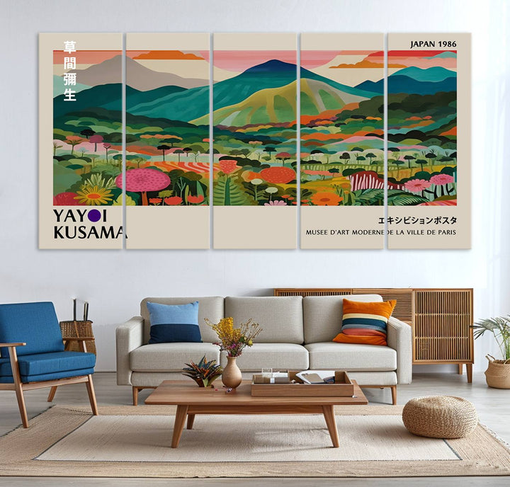 1986 Yayoi Kusama Art Print – Vibrant, abstract landscape featuring hills and trees in a Japanese Wabi Sabi style. Ready-to-hang.