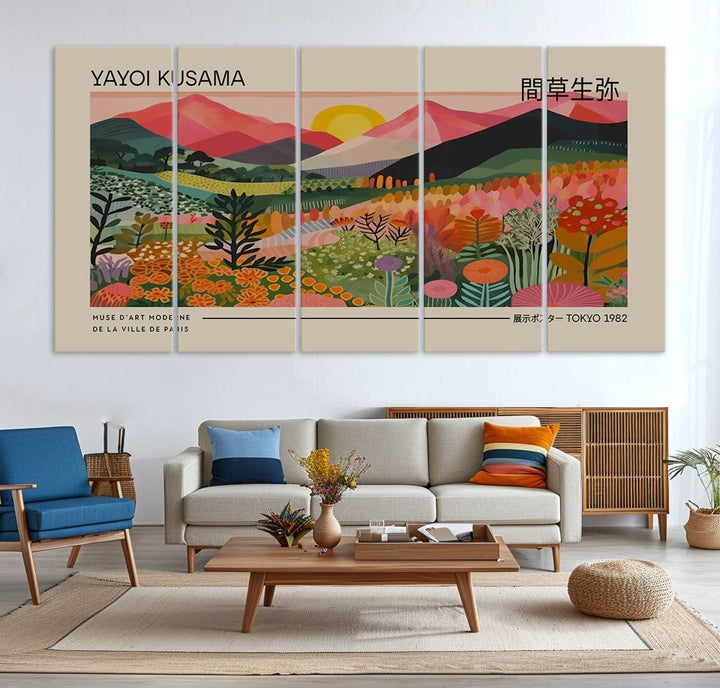 A vibrant abstract triptych features mountains, a sun, and plants in Yayoi Kusamas style with Japanese and French text included.