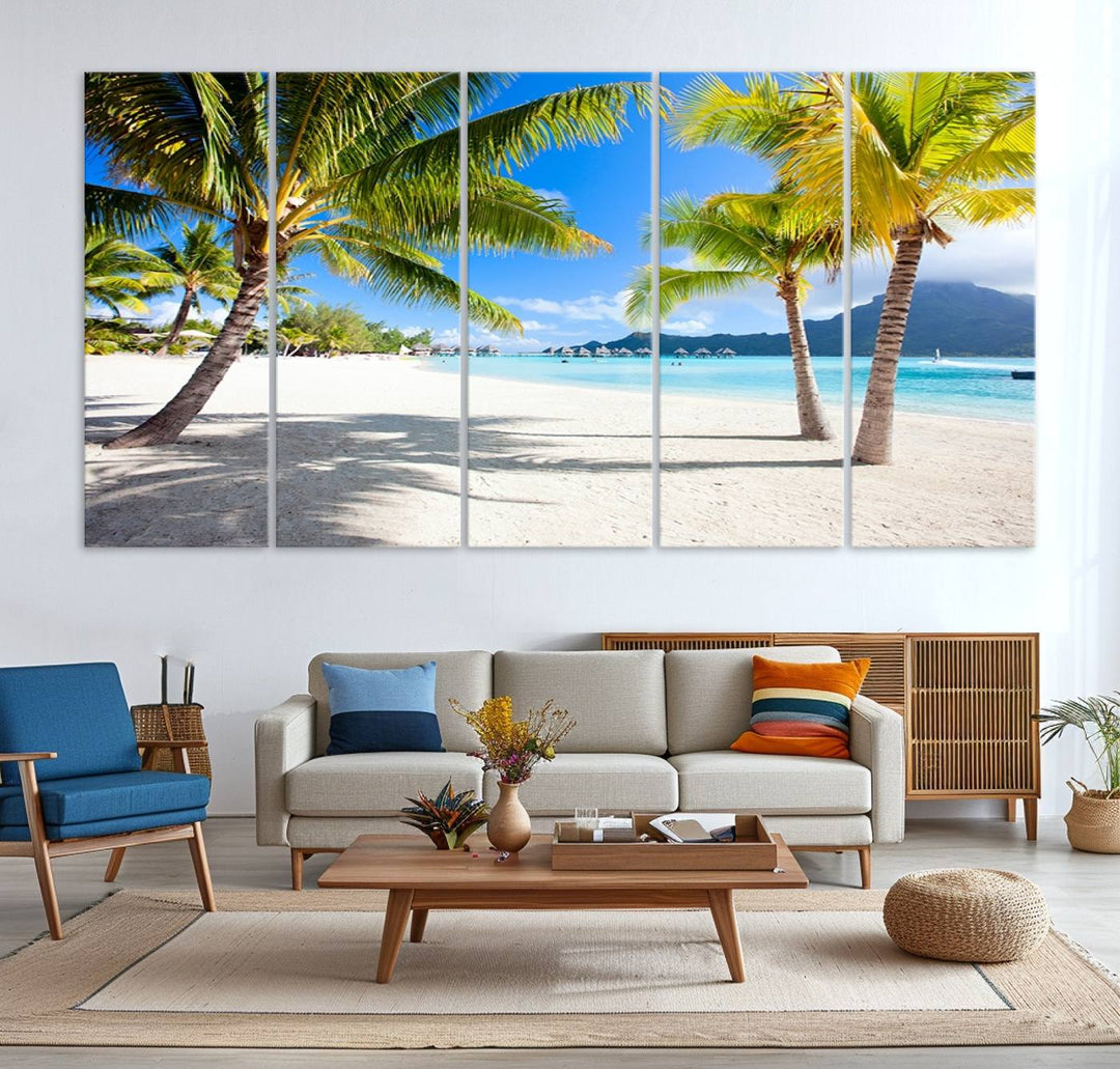 Blue Beach and Sea Wall Art Canvas Print: showcases a tropical scene with palm trees, white sand, and turquoise water.