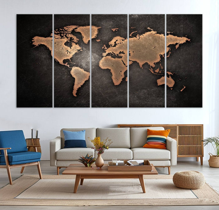 The Modern World Map on a metallic black canvas creates a striking effect.