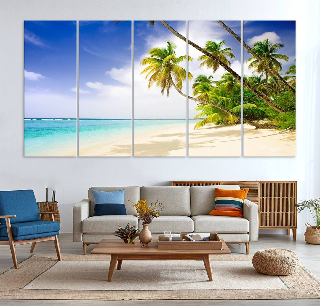 Tropical Beach Canvas: Palm Trees & White Sand Shore Decor, Vibrant Coastal Print, Ready to Hang.