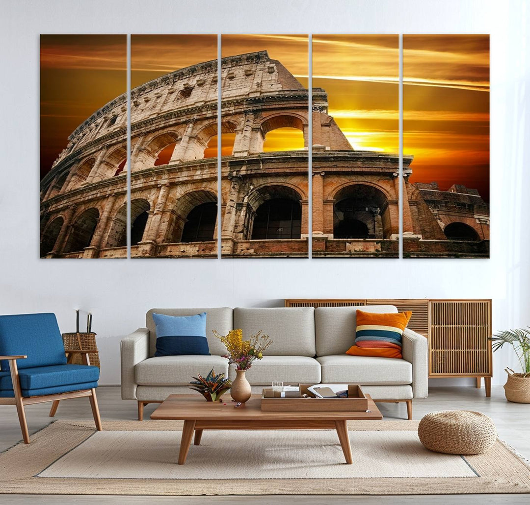 On the wall, theres a piece of art titled Colosseum with Yellow Sunset Behind, Italy.