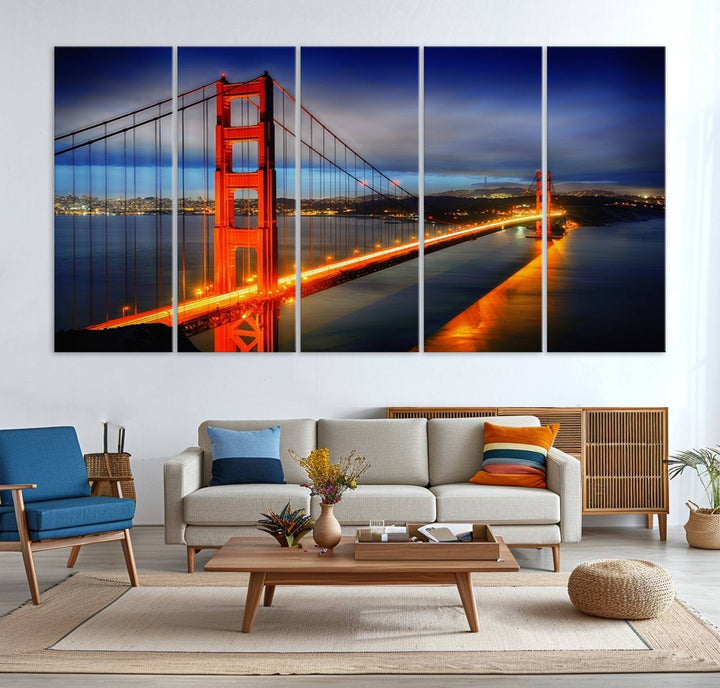 The living room features a large San Francisco canvas art piece—a stunning triptych of the Golden Gate Bridge at twilight, known as the "Large Wall Art San Francisco Canvas Print - Wonderful Golden Gate Bridge at Twilight.